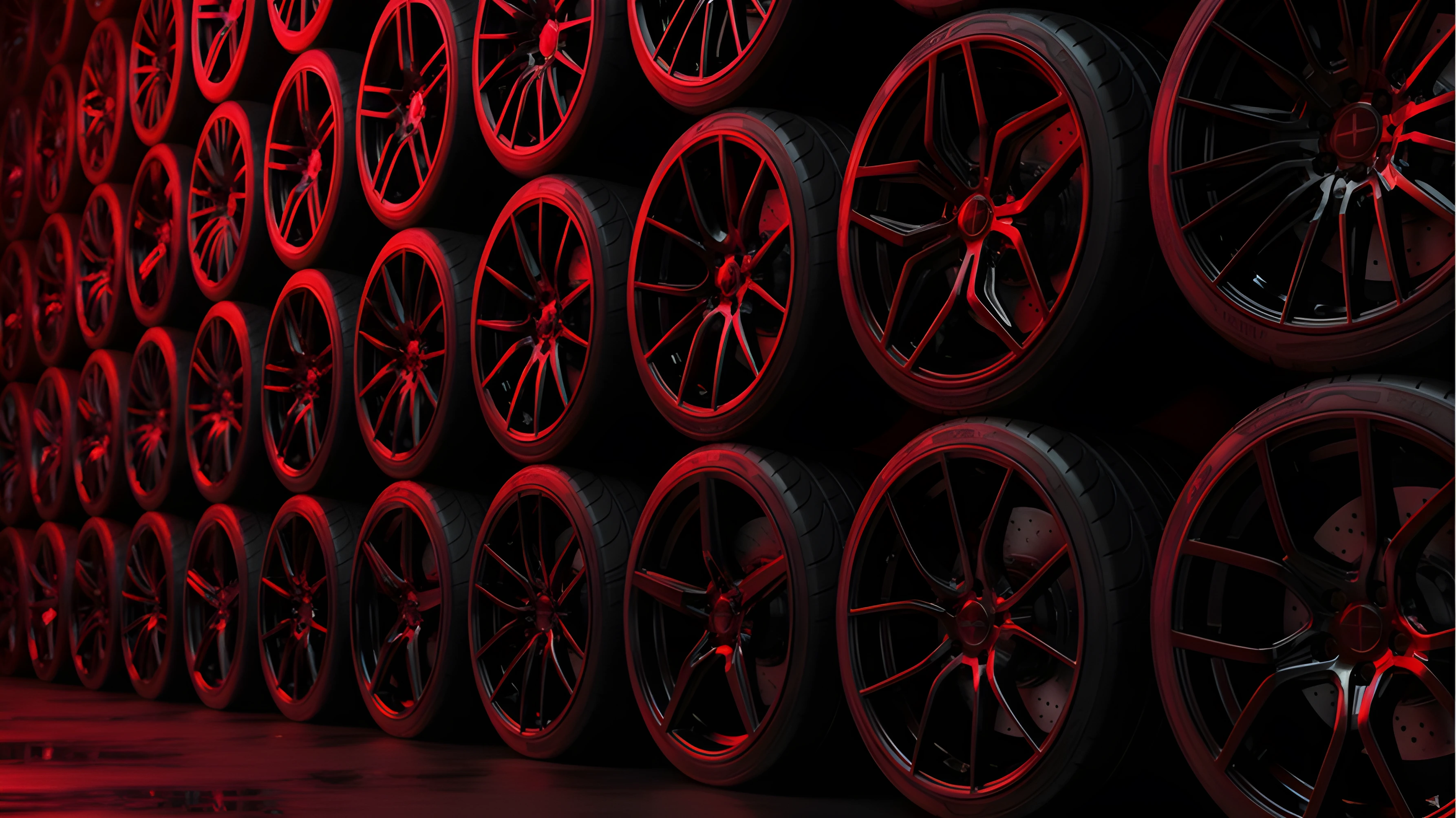 Perete format din jante auto premium negre lucioase, iluminate de o lumină roșie intensă. Imaginea evidențiază diversitatea și calitatea jantelor auto originale disponibile.