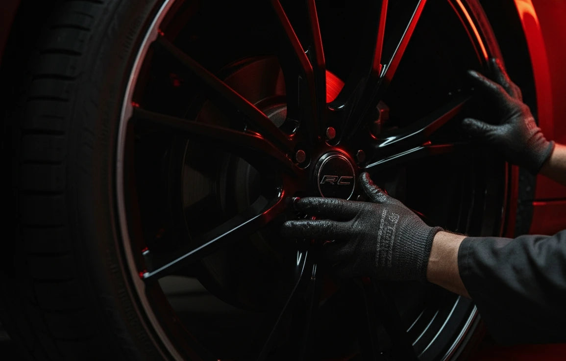 Mecanic auto ajustează o jantă auto premium neagră lucioasă, sub o lumină roșie de atelier. Imaginea surprinde atenția la detalii și calitatea jantelor auto originale montate profesional.