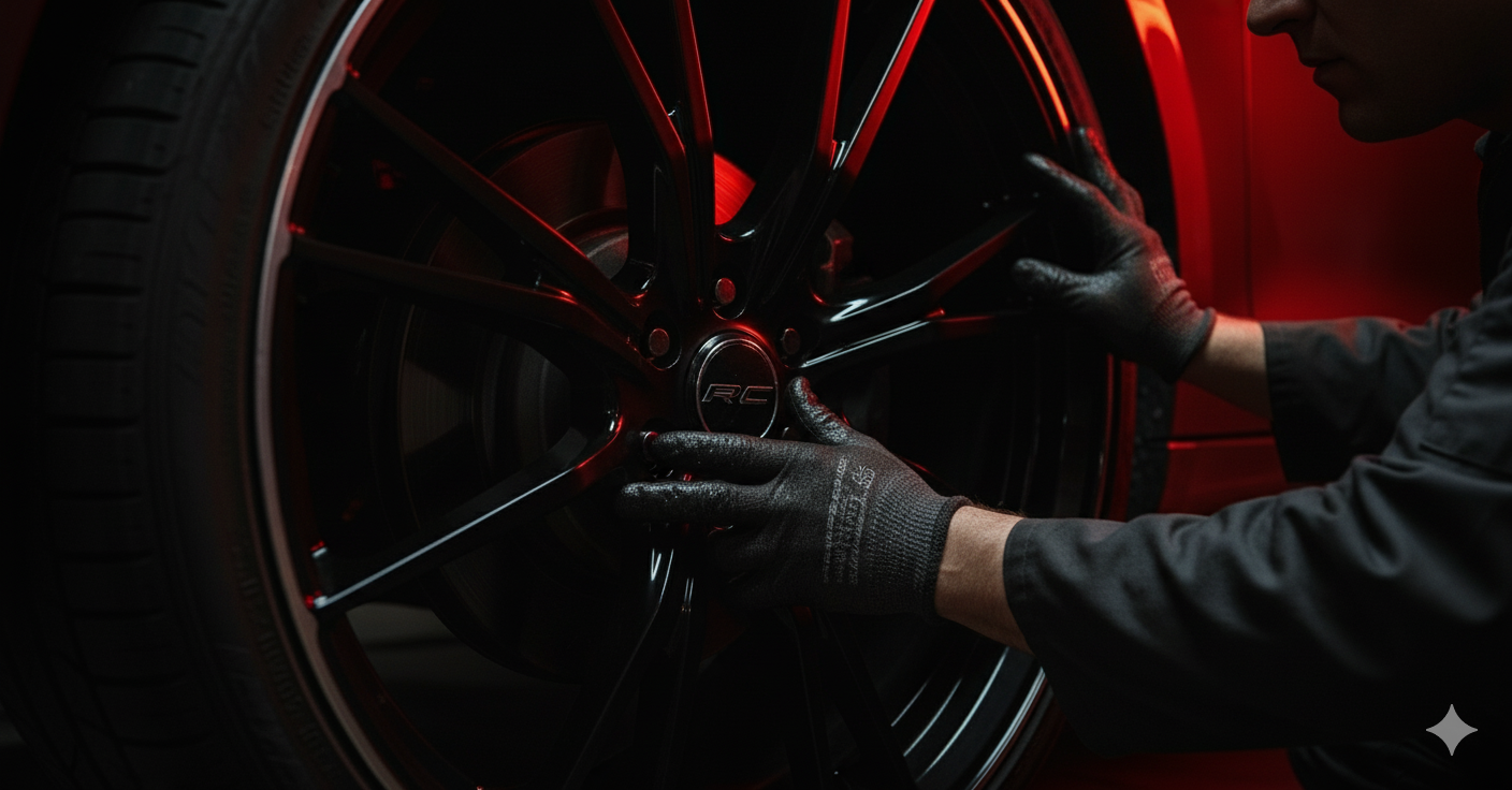 Mecanic auto ajustează o jantă auto premium neagră lucioasă, sub o lumină roșie de atelier. Imaginea surprinde atenția la detalii și calitatea jantelor auto originale montate profesional.