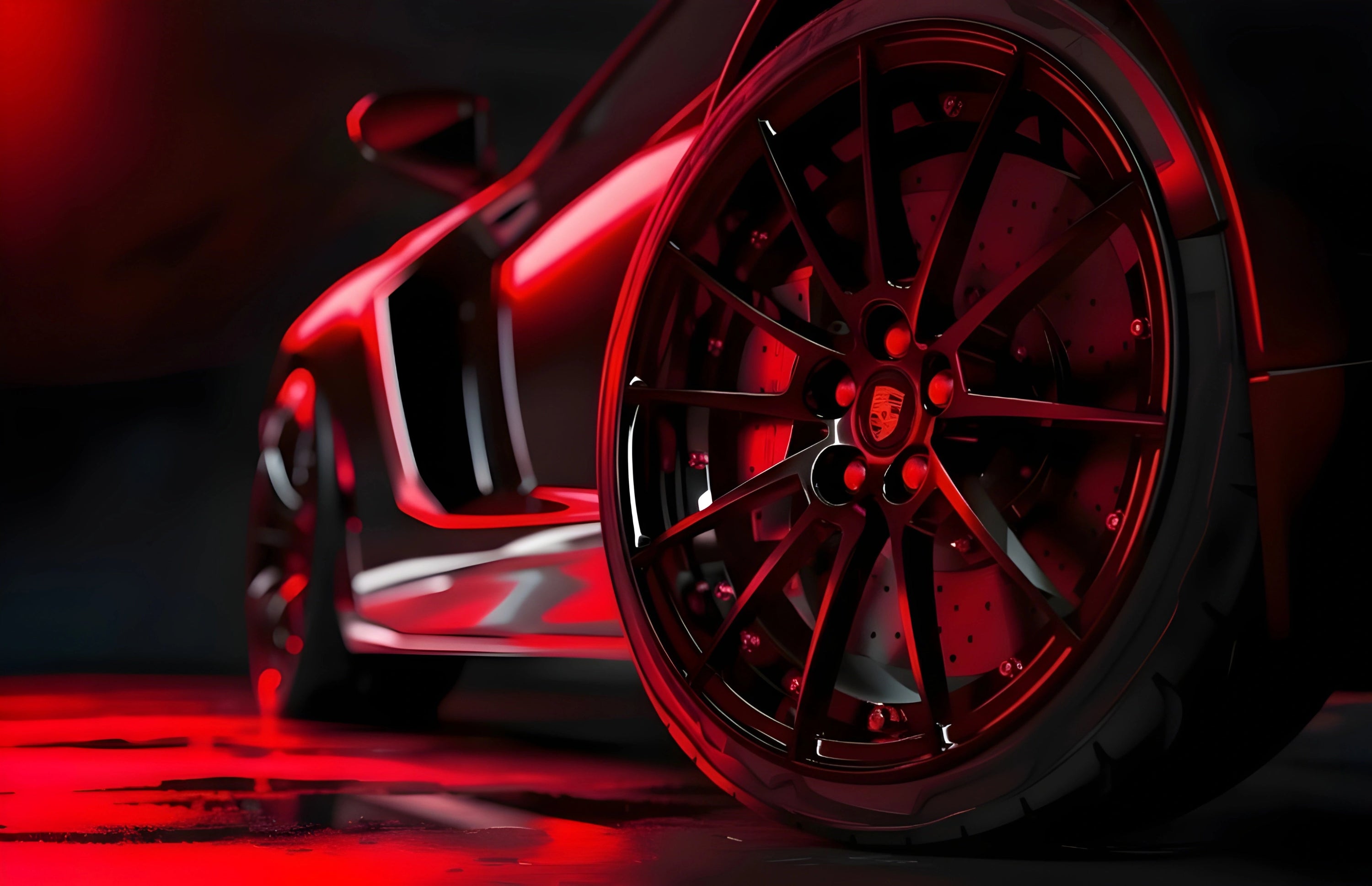 Prim-plan al unei mașini sport Porsche cu jante auto originale negre lucioase, evidențiate de lumini roșii intense. Designul elegant și finisajul impecabil subliniază calitatea jantelor auto originale și performanța vehiculului.